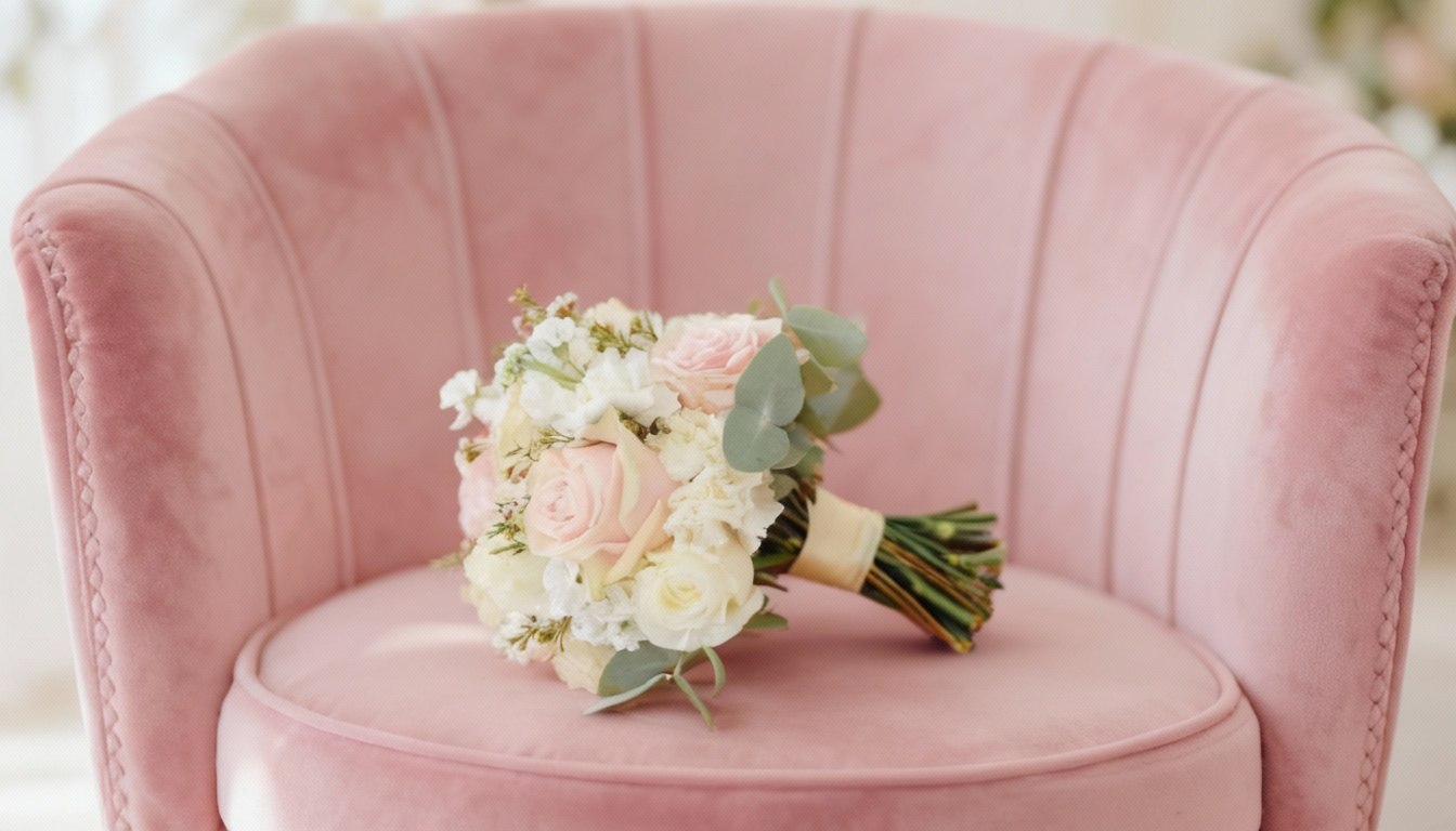 Bouquet de mariage sur un fauteuil rose